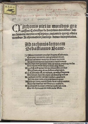 Cathonis Viri in moribus gravissimi codicillus de doctrinis moralibus