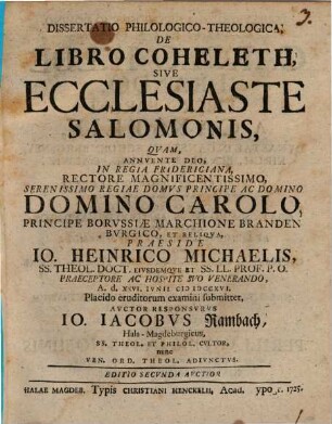 Dissertatio Philologico-Theologica, De Libro Coheleth, Sive Ecclesiaste Salomonis