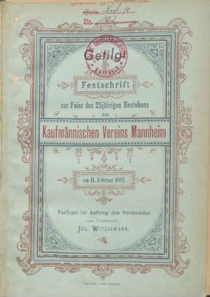 Festschrift zur Feier des 25jährigen Bestehens des Kaufmännischen Vereins Mannheim am 11. Februar 1892