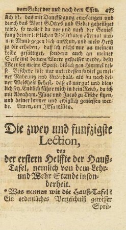 Die zwey und funfzigste Lection, von der erstern Helffte der Hauß-Tafel, ...