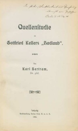 Quellenstudie zu Gottfried Kellers "Hadlaub"