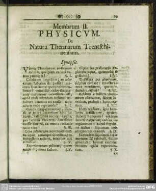 Membrum II. Physicum. De Natura Thermarum Trentschinensium