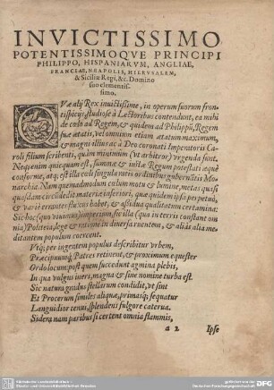 INVICTISSIMO POTENTISSIMOQVE PRINCIPI PHILIPPO HISPANIARVM, ANGLIAE, FRANCIAE, NEAPOLIS, HIERVSALEM, ...