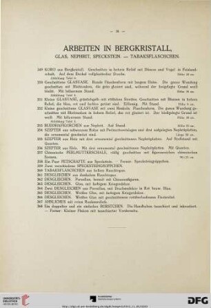 Arbeiten in Bergkristall. Glas, Nephrit, Speckstein – Tabaksfläschchen (Nr. 349-368)
