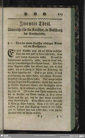Zweyter Theil. Unterricht für die Kutscher, in Ansehung der Kutschpferde