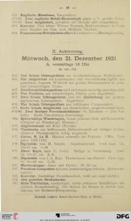 II. Auktionstag: Mittwoch, den 21. Dezember 1921 (Nr. 485-970)