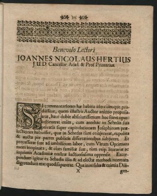 Benevolo Lectori Joannes Nicolaus Hertius J.U.D. Cancellar. Acad. & Prof. Primarius
