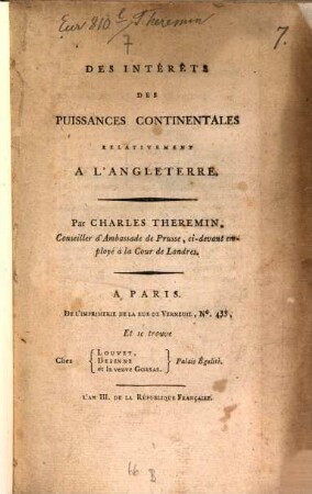 Des interets des puissances continentales rélativement à l'Angleterre
