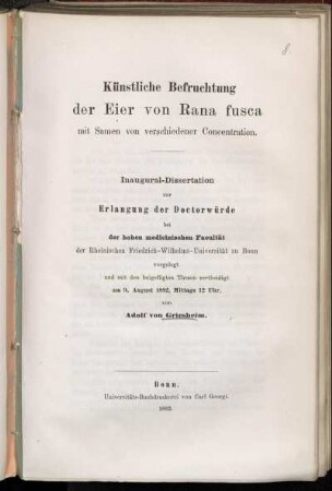 Künstliche Befruchtung der Eier von Rana fusca mit Samen von verschiedener Conzentration