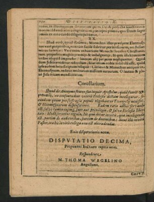 Disputatio Decima. Respondente M. Thoma Wegelino