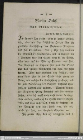 Fünfter Brief. Von Ebendemselben : Stade, den 3. März 1776