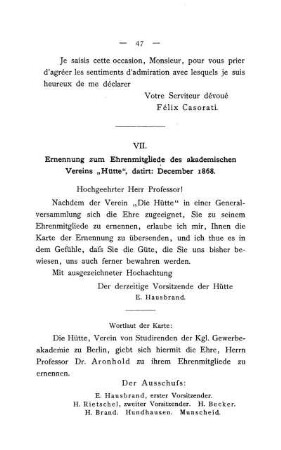 VII. Ernennung zum Ehrenmitgliede des akademischen Vereins "Hütte", datirt: December 1868.