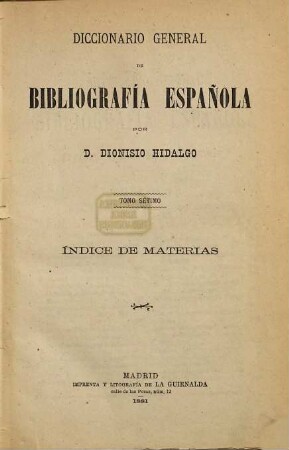 Diccionario general de bibliografía española, 7. Indice de materias