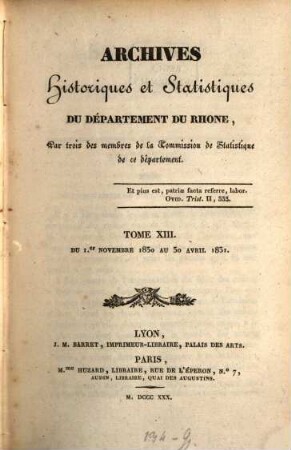 Archives historiques et statistiques du Département du Rhône. 13. 1830/31 (1830)