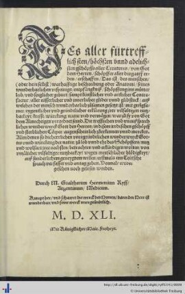 Des aller fürtrefflichsten, höchsten vnnd adelichsten gschöpffs aller Creaturen, von Got ... erschaffen, Das ist, des menschen, (oder dein selbst) warhafftige beschreibung oder Anatomi ... : ... seines wunderbarlichen vrprungs, entpfängkniß [!], schöpffung inn mutter leib, vnd sorglicher geburt; sampt künstlicher vnd artlicher Contrafactur, aller eüsserlicher vnd innerlicher glider vnnd glidstuck ...