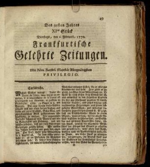 XItes Stück Dienstags, den 6. Februarii, 1770. - XXtes Stück Freytags, den 9. März, 1770.