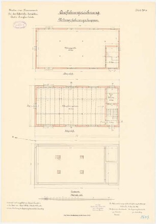Kaserne für das Luftschiffer-Bataillon, Berlin-Jungfernheide: Übungsfahrschuppen: Grundriss Fundamente, Erdgeschoss, Obergeschoss 1:100