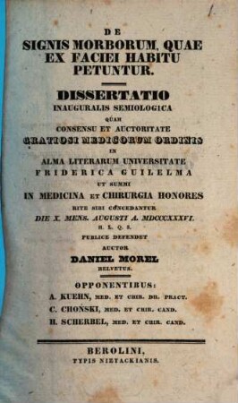 De signis morborum quae ex faciei habitu petuntur : dissertatio inauguralis semilogica