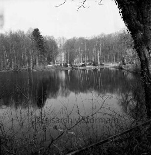 Lasbek-Gut: Lasbeker Mühlenteich: im Hintergrund Lasbeker Mühle nach Gebäudeabriss: vorn rechts Geländer: rechts Baumstamm: im Hintergrund Bäume