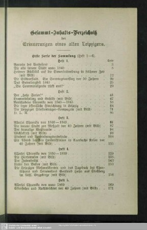 Gesammt-Inhalts-Verzeichniß der Erinnerungen eines alten Leipzigers