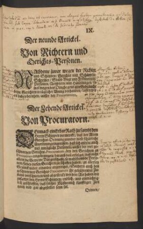 Der neunde Artickel. Von Richtern und Gerichts-Personen.