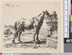[Ein stehendes Pferd am Brunnen neben einem Bauern; The Horse near the Well; Drinkend paard]