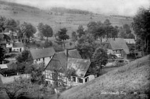Mitteldorf mit Blick zum Glösenstein : li. Melzer-Gut, dahinter Soler-Gut, Mitte Günther-Max-Laden, re. Elmer-Gut, dahinter Gulus-Gut