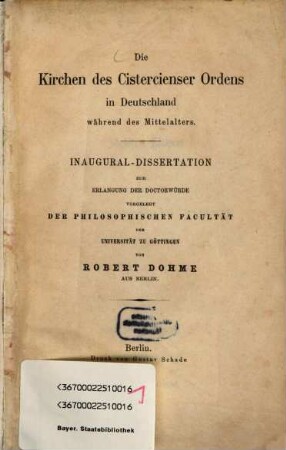 Die Kirchen des Cistercienser-Ordens in Deutschland während des Mittelalters : Inaugural-Dissertation