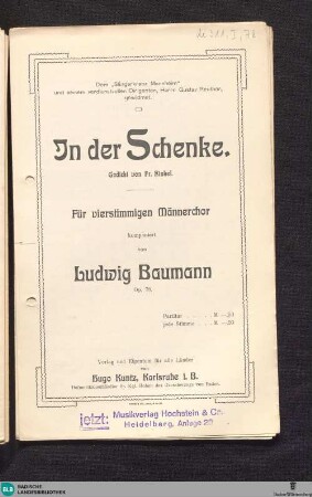 In der Schenke : für vierstimmigen Männerchor : op. 78