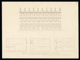 Zeughaus Monatskonkurrenz Juli 1831: Grundriss Erdgeschoss, 1. und 2. Obergeschoss, Aufriss Hauptansicht; Maßstabsleiste