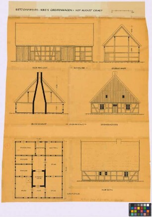 Retzowsfelde (Kreis Greifenhagen): Hof August Graep. - Scheune (Hof-Seiten-Ansicht, Querschnitt). - Wohnhaus (Querschnitt, Straßen-Giebel-Ansicht, Grundriss, Hof-Seiten-Ansicht)