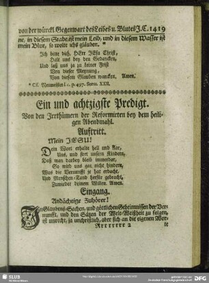 Ein und achtzigste Predigt. Von den Irrthümern der Reformirten bey dem heiligen Abendmahl