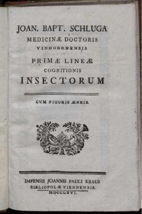 Joan. Bapt. Schluga Medicinæ Doctoris Vindobonensis Primæ Lineæ Cognitionis Insectorum : Cum Figuris Æneis