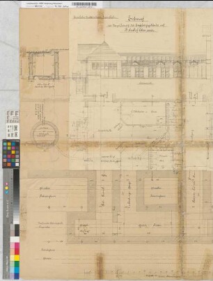 Entwurf zur Vergrößerung des Empfangsgebäudes auf Bahnhof Altenessen, Blatt 1: Ansicht, Grundriß, Schnitt, M. 1:50 Hge, Sknr.: 1, Fanr.: 9, Bunr.: 10