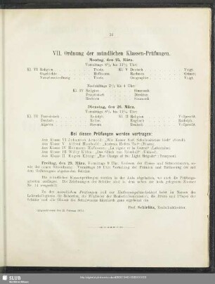 VII. Ordnung der mündlcihen Klassen-Prüfungen