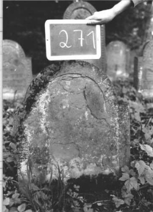 Grabstein 271 (Index: 99894631) Material: Sandstein Zustand: abgeblättert und verwittert Maße HxBxT: 70x55x10 cm Beschreibung: Stele mit eingezogenem Rundbogenabschluss: Grabstein 271