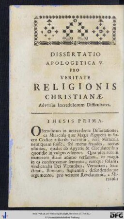 Dissertatio Apologetica V. Pro Veritate Religionis Christianae.