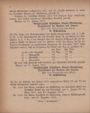 7. Ministerial-Bekanntmachung, die Natural-Leistungen für die bewaffnete Macht im Frieden, Vergütungssätze für das Jahr 1877 betreffend