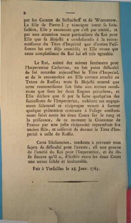Contre déclaration de la France touchant la préséance de la Russie le 8 Janv. 1763