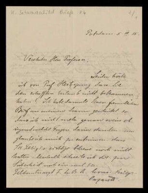 Nr. 2 Brief von Lili Du Bois-Reymond an Karl Schwarzschild. Potsdam, 5.3.1915