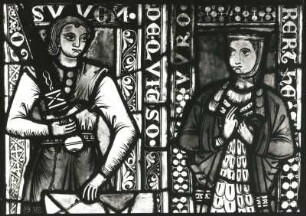 Stifterpaar Conradus (?) und Margarethe (?) Quitzow. Ausschnitt: Oberkörper der Stifter. Scheibe aus der Dorfkirche Kuhsdorf. Glasmalerei, 3. Viertel 13. Jahrhundert. Brandenburg an der Havel: Dommuseum. Ausstellung "Mittelalterliche Glasmalerei in der DDR", Erfurt 1989/1990. Kat. Nr. 11