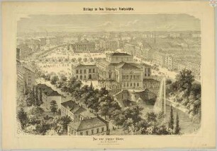 Der Augustusplatz in Leipzig mit dem Neuen Theater an der Nordseite und dem Bildermuseum an der Südseite, Blick aus der Vogelperspektive in südliche Richtung, Zeitungsausschnitt aus der Gartenlaube