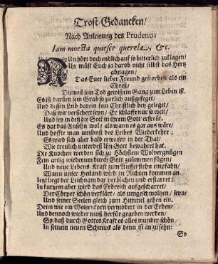 Trost-Gedancken/ Nach Anleitung des Prudentii Iam moesta quiesce querela, [et]c.