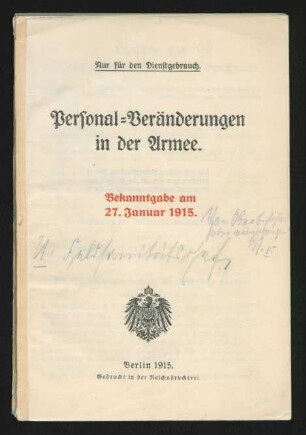 Personal-Veränderungen in der Armee : Bekanntgabe am 27. Januar 1915