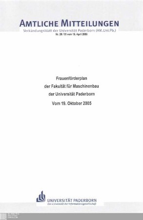 Frauenförderplan der Fakultät für Maschinenbau der Universität Paderborn : vom 19. Oktober 2005