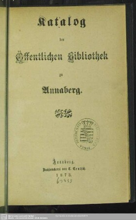 Katalog der öffentlichen Bibliothek zu Annaberg