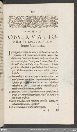 Index Observationum Et Epistolarum hujus Centuriae