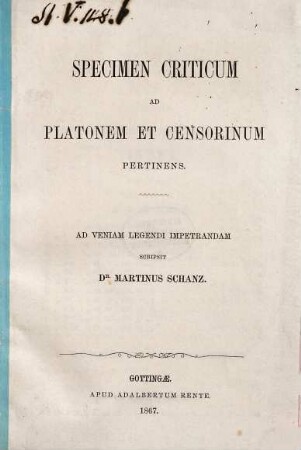 Specimen criticum ad Platonem et Censorinum pertinens