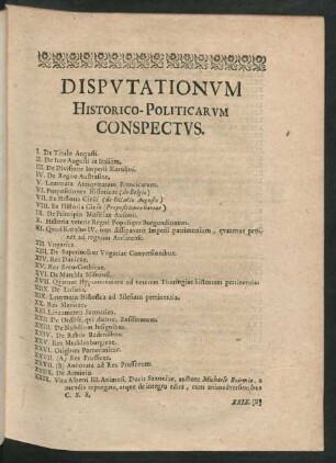 Disputationum Historico-Politicarum Conspectus.
