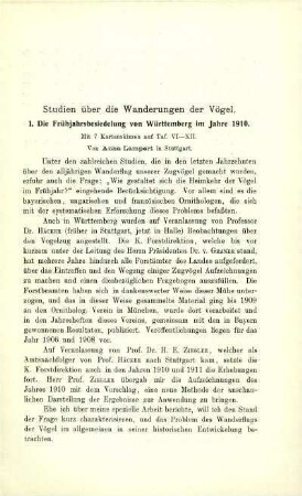 Studien über die Wanderungen der Vögel. I. Die Frühjahrsbesiedelung von Württemberg im Jahre 1910